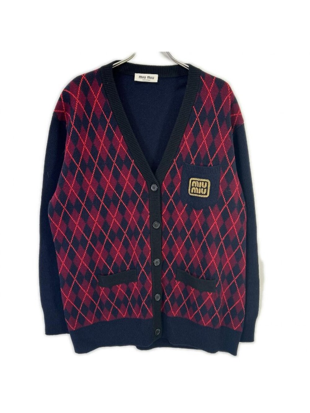 Miu Miu Navy Logo Embroidery Argyle Pattern Neck Cardigan 36